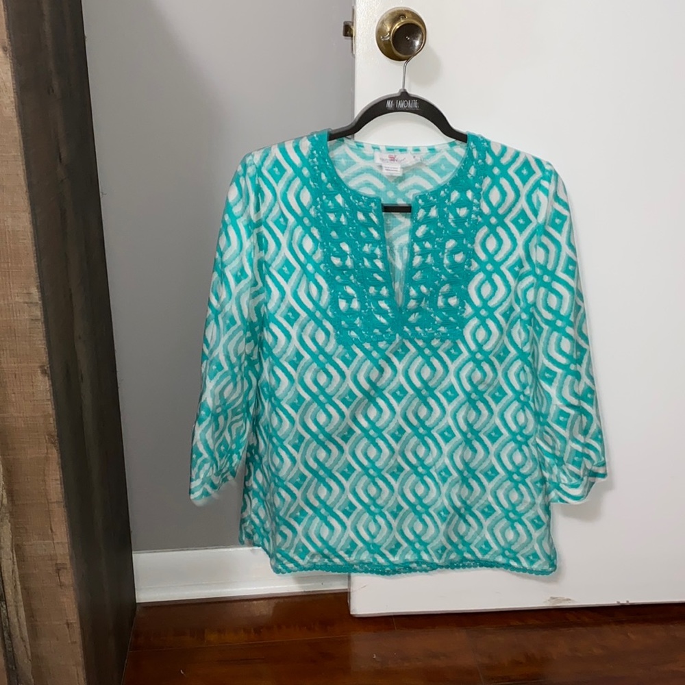 Vineyard Vines Scribble Lattice V-Neck Teal Tunic Top Blouse 100% Cotton